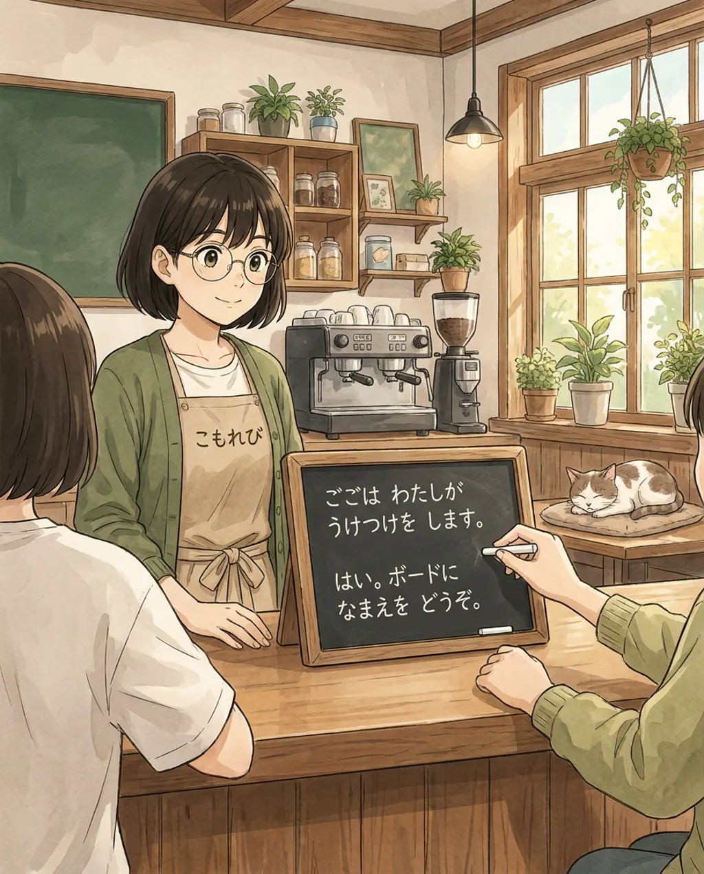 Illustration of Komorebi House: Aki watches from behind the counter as you write your afternoon slot on the small board, with Mugi asleep by the window.