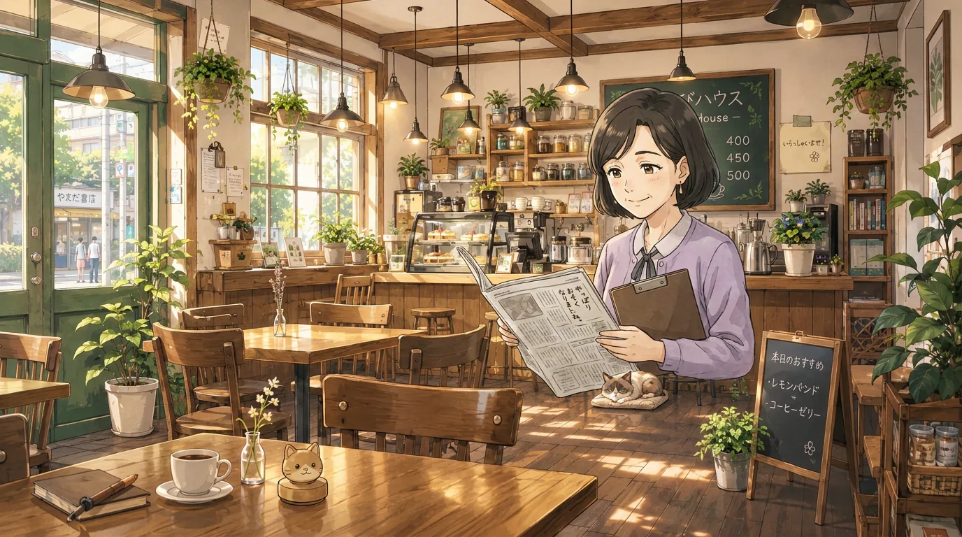 Sato sits at a table with a newspaper spread open, pointing in surprise at a small article on an inside page.