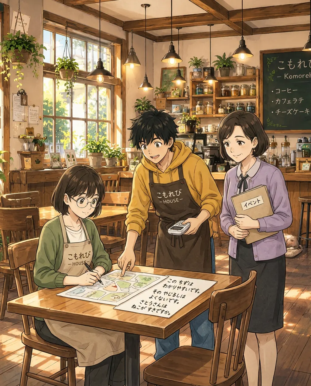 Aki draws a map on a notepad for Sato, who looks on attentively. Ren leans over Aki's shoulder, smiling at her creative drawing.