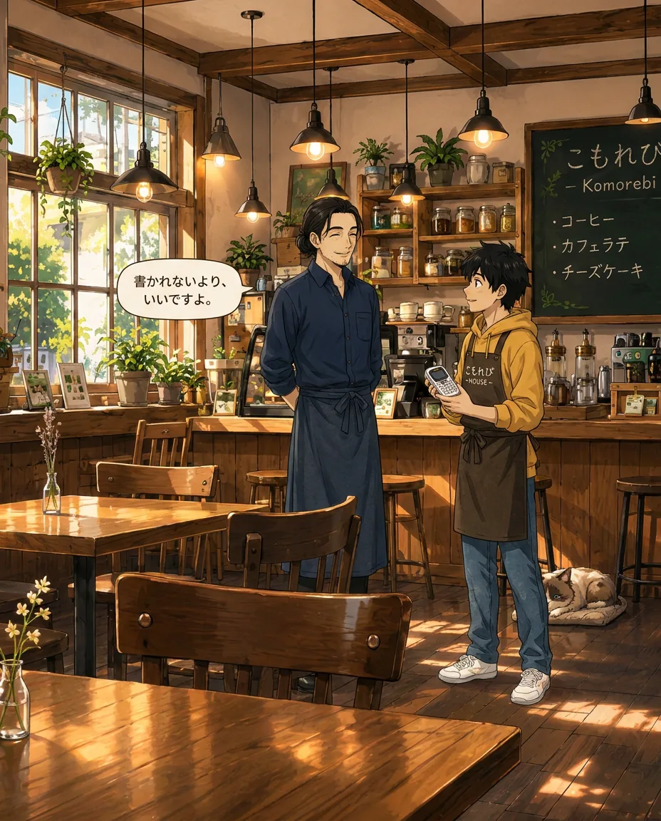 Haru sits comfortably in the café and shrugs with a small, accepting smile.