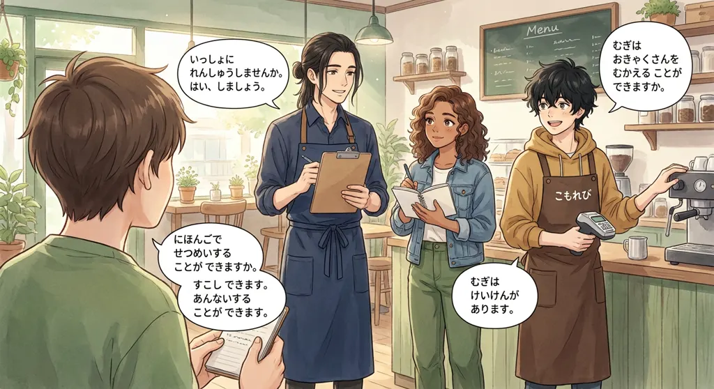Illustration of the doorway of Komorebi House: Maya Torres and Haru Kondo and Ren Nakamura, seen over your shoulder. The team rehearses the visitor welcome.