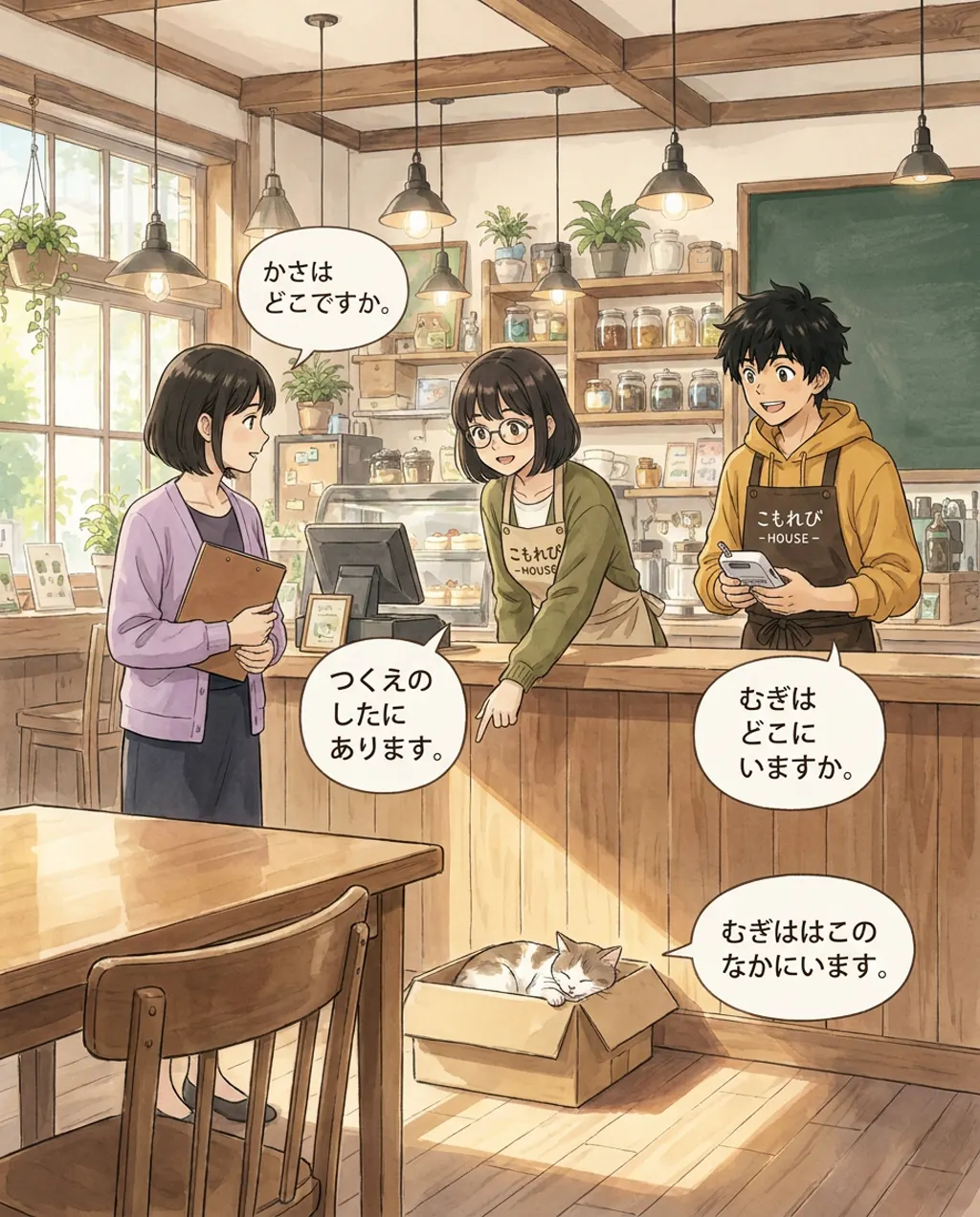 Aki speaks on the phone with a surprised look on her face, while Ren stands beside her, listening in with curiosity.