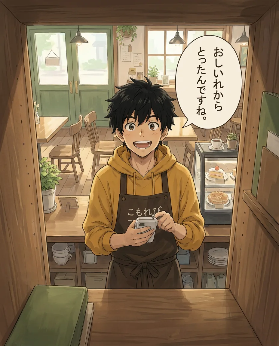 Ren stands in a corner of the café, looking out at the room from an unusual angle as a look of realization appears on his face.