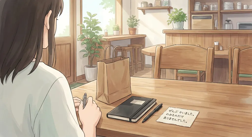 Illustration of the convenience store: the room, empty, seen over your shoulder. Everything is bought, including a pen for Aki, and reported back.