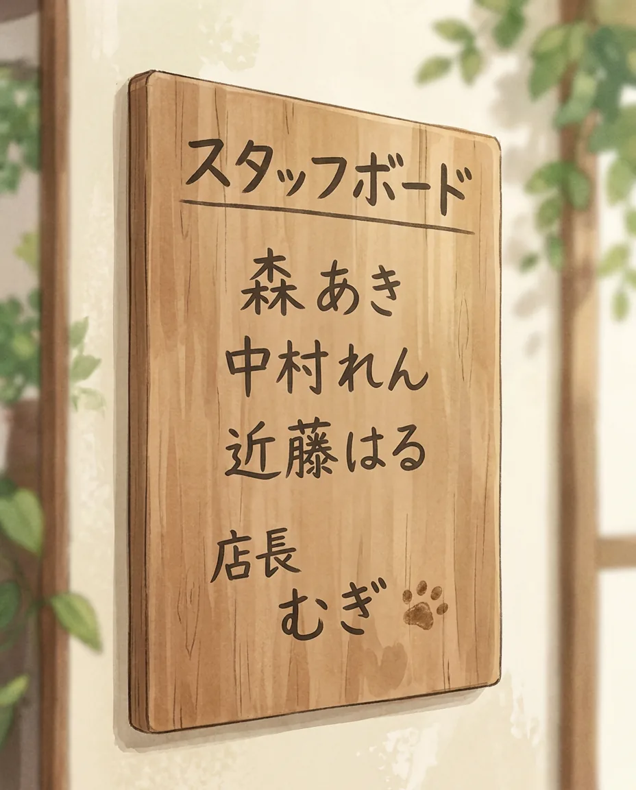 The shiba inu Mugi is resting under a large tree in the garden of the Komorebi House café.