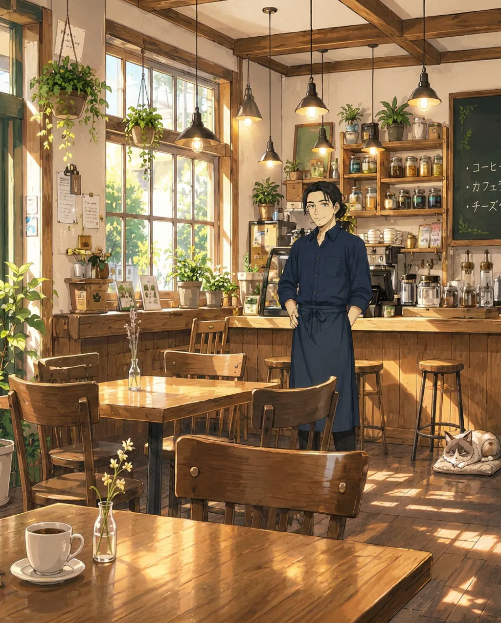 Illustration of Komorebi House café: Haru Kondo. The rule list reaches seven, and rule six is already covered by a label.