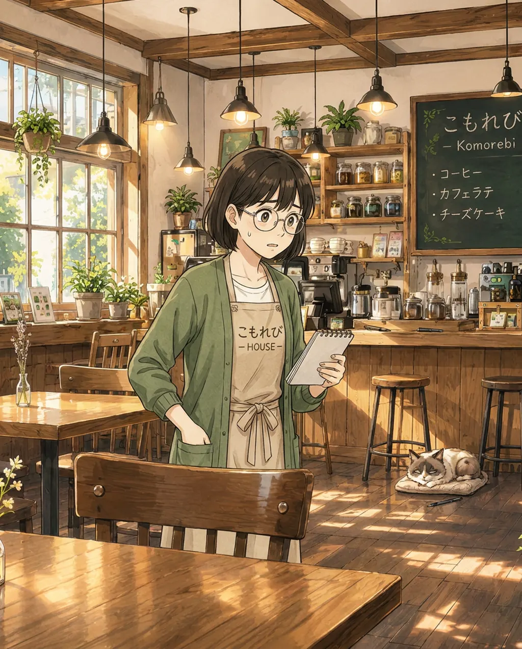 Aki holds the dark-blue umbrella, her attention focused on examining its handle.