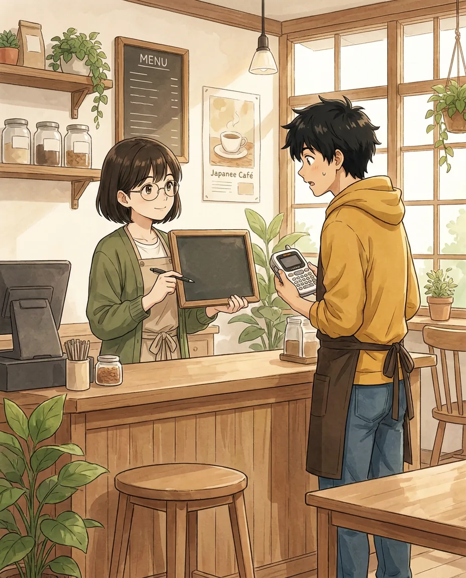 Aki sits at a table in the Komorebi House café, studying a menu with a thoughtful expression.