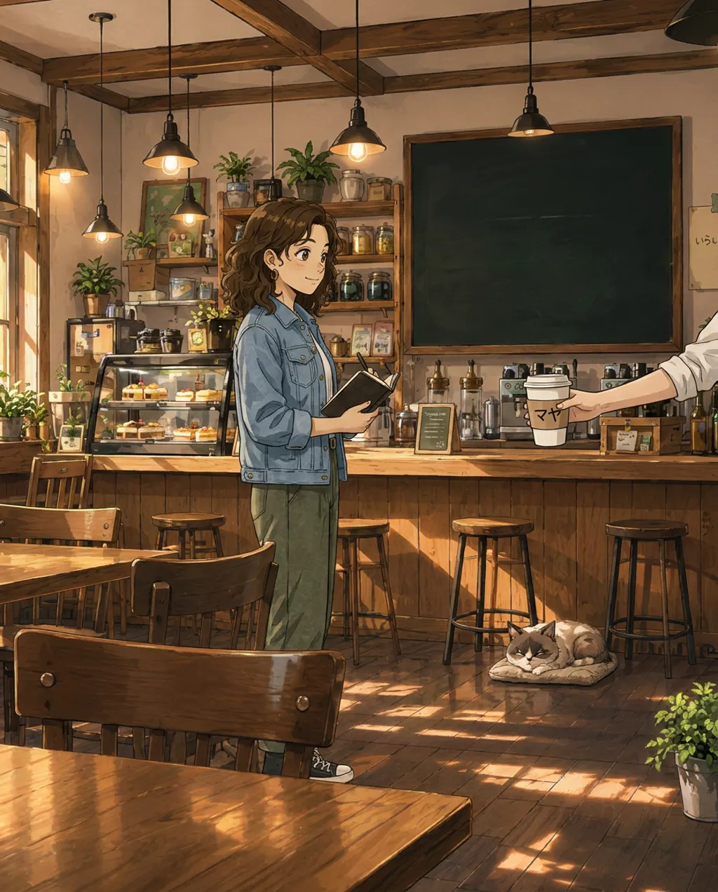 Illustration of Komorebi House café: Maya Torres. Maya's takeaway cup comes back to the counter with her name on it, and the shapes are sharper and straighter than everything else on the menu.
