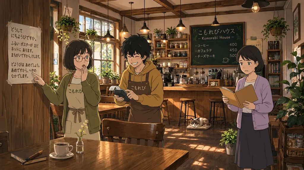 Illustration of Komorebi House café: Aki Mori and Ren Nakamura and Fumiko Sato. A visitor messages to say the poster says Sunday.
