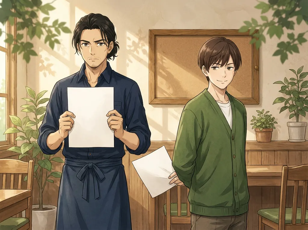 Illustration of the staff board at Komorebi House: Haru Kondo. Haru insists there is only one rule; Aki produces a second sheet.