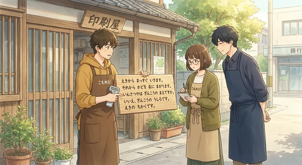 Illustration of Mizuhana station: Ren Nakamura and Aki Mori and Haru Kondo. The team follows Ren's sign to the print shop.