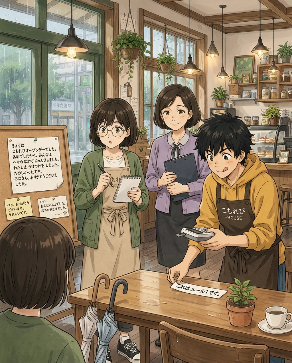 Illustration of Komorebi House café: Aki Mori and Fumiko Sato and Ren Nakamura, seen over your shoulder. Haru reveals rule eight, and Ren numbers it Rule 1.