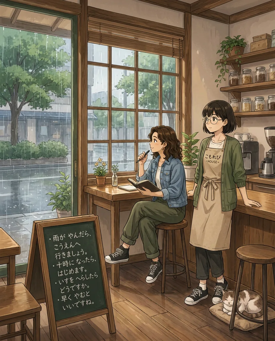 Aki and Maya stand by a large window in the café, looking out at the heavy rain.