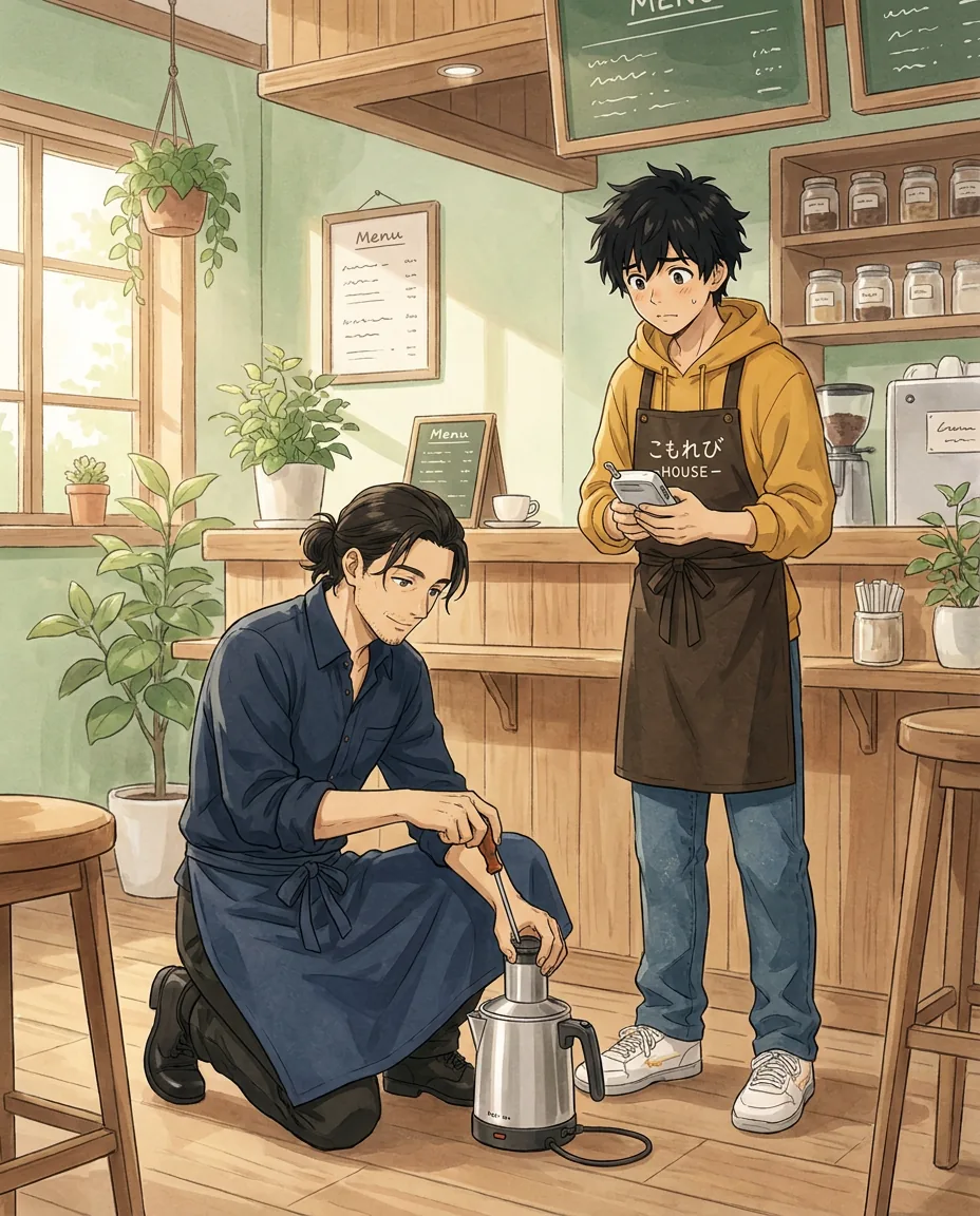 Haru looks down with a wince at his laptop, which has a large crack across the screen.