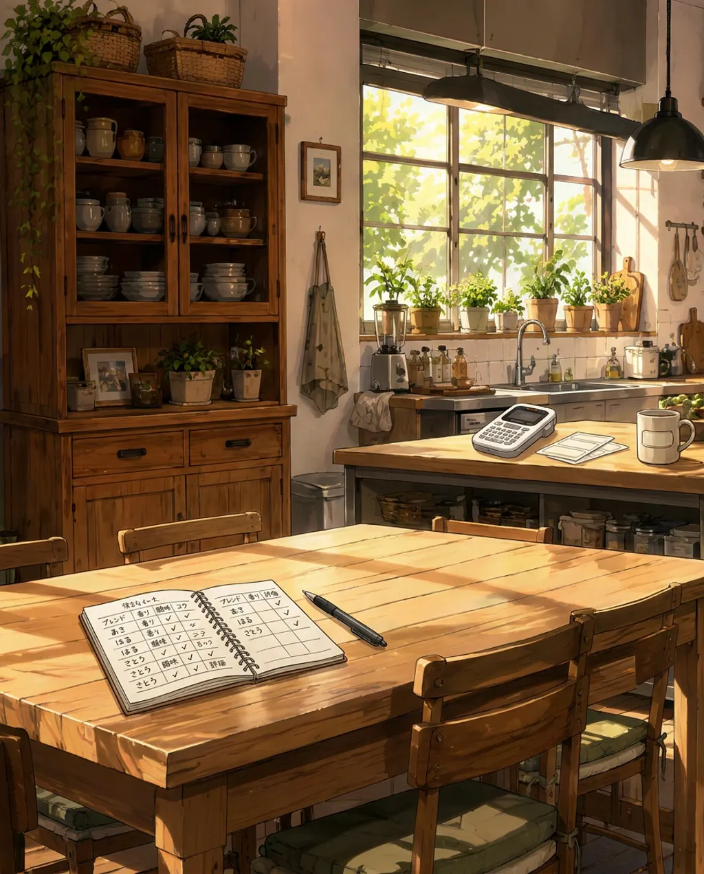 Illustration of the kitchen at Komorebi House: the room, empty. The tasting notes get written down properly instead.