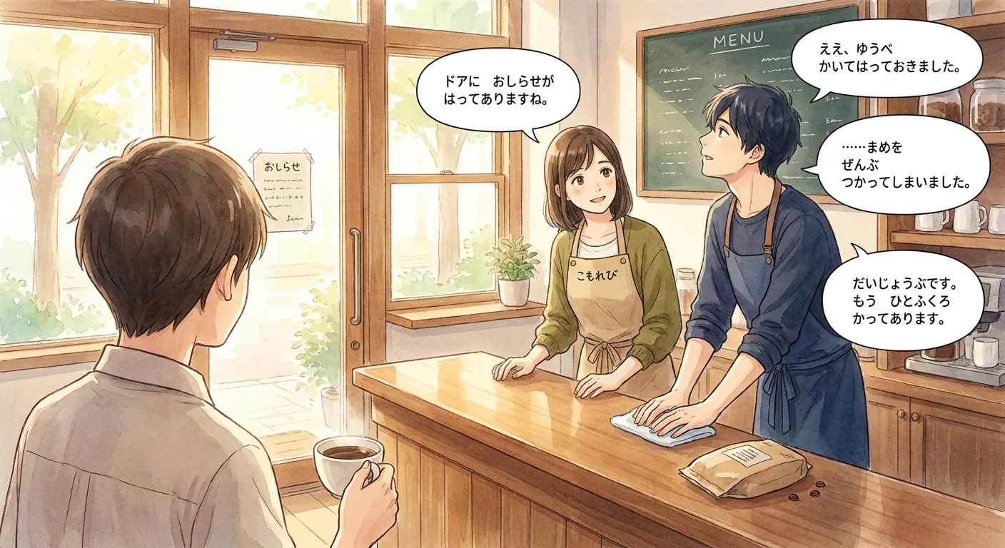 Seen over your shoulder, you arrive at the café to find Aki and Haru smiling, the room already fully set up.