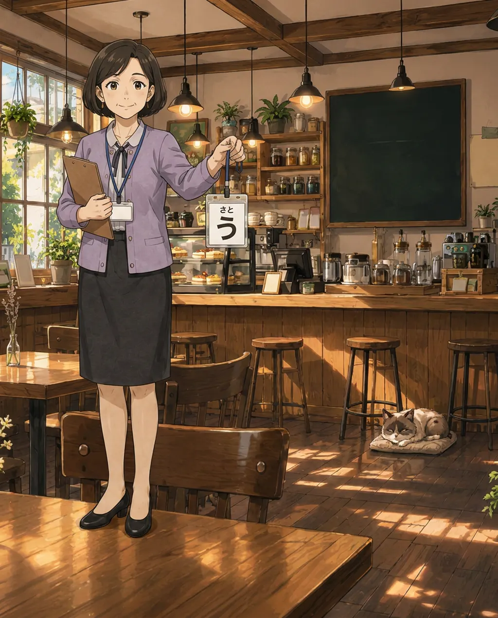 Illustration of Komorebi House café: Fumiko Sato. Sato arrives with the event badges and holds hers at arm's length. One character on it is full size and should not be.