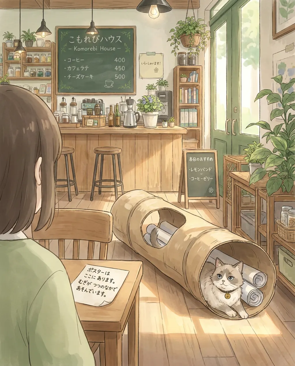 Illustration of Komorebi House café: the room, empty, seen over your shoulder. The missing posters are rolled inside the tunnel, unharmed.
