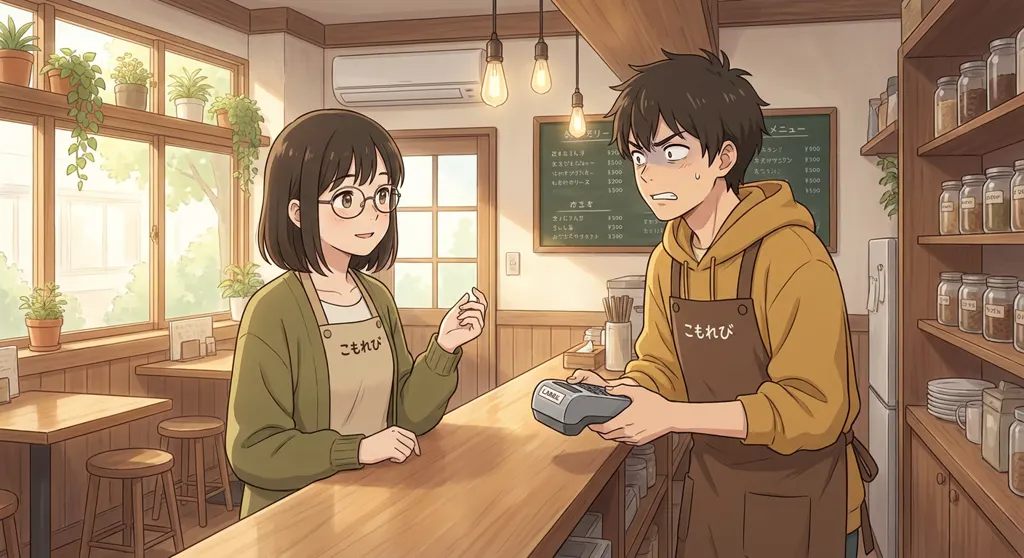 Illustration of Komorebi House café: Aki Mori. Aki says a word, then says it again holding the vowel a beat longer. Ren hears two different words and looks personally wronged.
