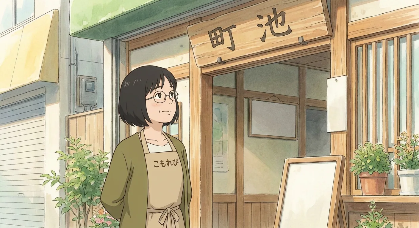At a table in the Komorebi House café, Aki is carefully tending to a small potted plant.