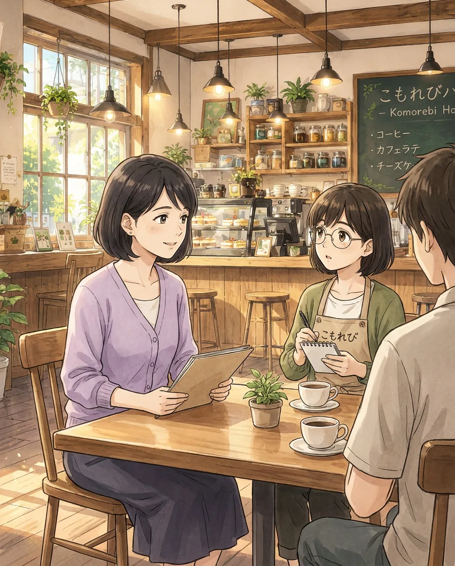 From your perspective, Sato and Aki are talking to you with serious expressions, as the café bustles behind them.