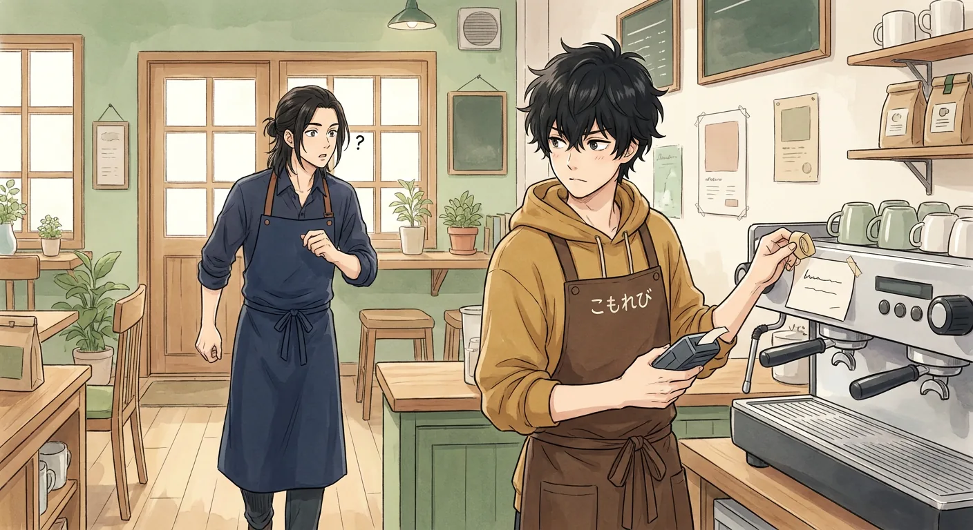 Ren holds his hands apart at the café counter, as if showing the size of something to another person.
