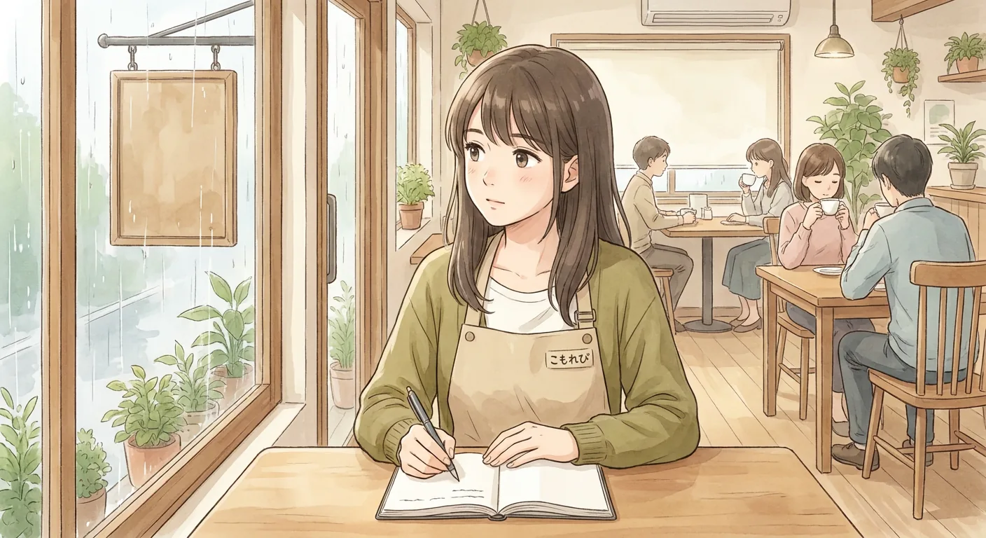 Aki stands at the door of the café, holding it open with a smile for someone coming in behind her.