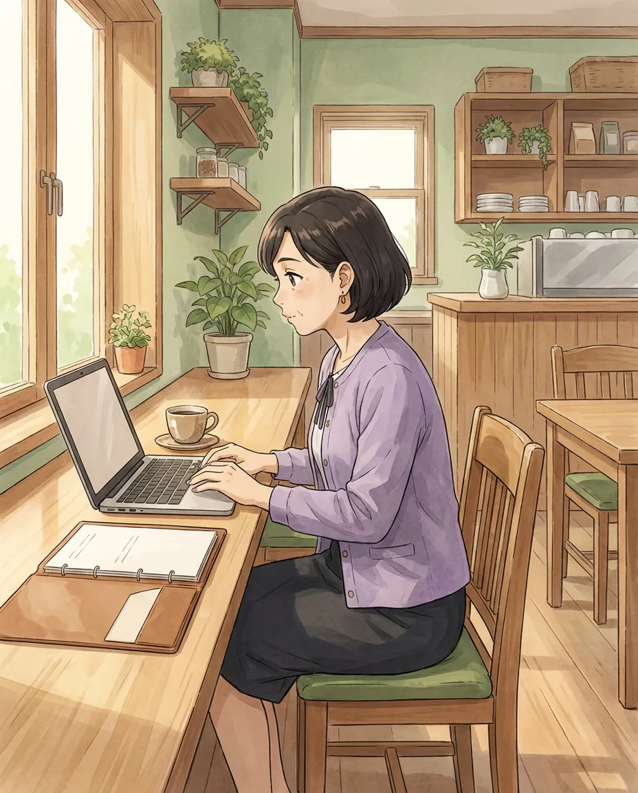 Mr. Sato pauses at the entrance to the café, reading a public notice posted on the door.