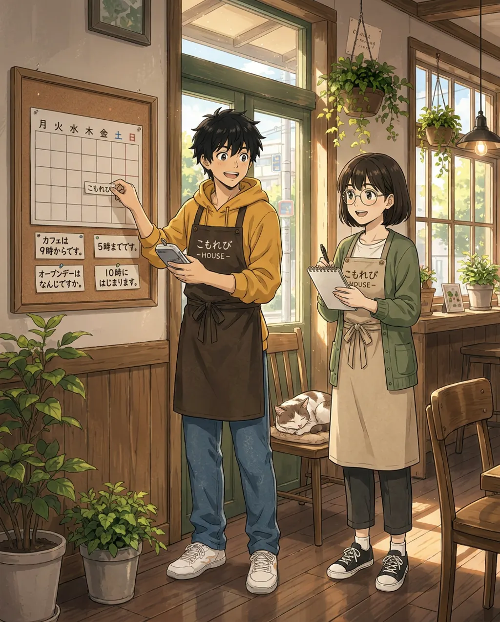 Ren sits at a table, drawing a weekly schedule on a large piece of paper. Aki leans over his shoulder, pointing to a spot on the calendar with a confused expression.