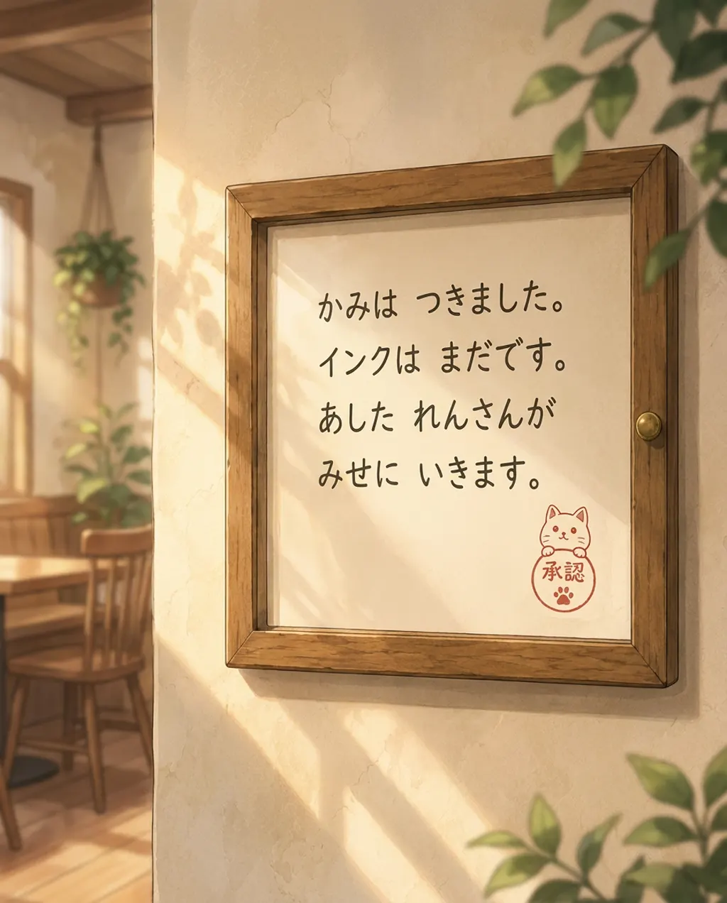 Illustration of the staff board at Komorebi House: the room, empty, seen over your shoulder. The update is sent and Module 2 closes.