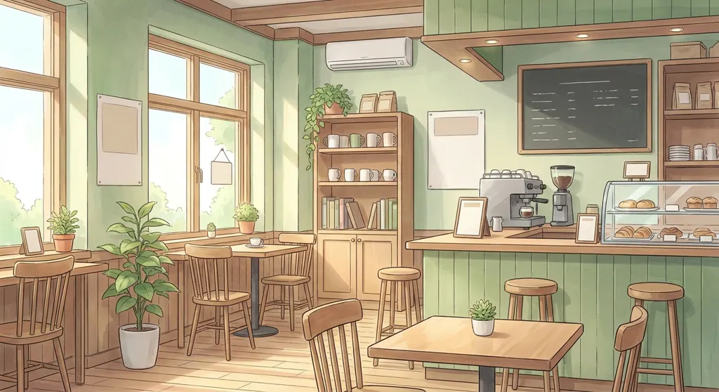 Illustration of the convenience store: the room, empty. The route is settled and written down properly.