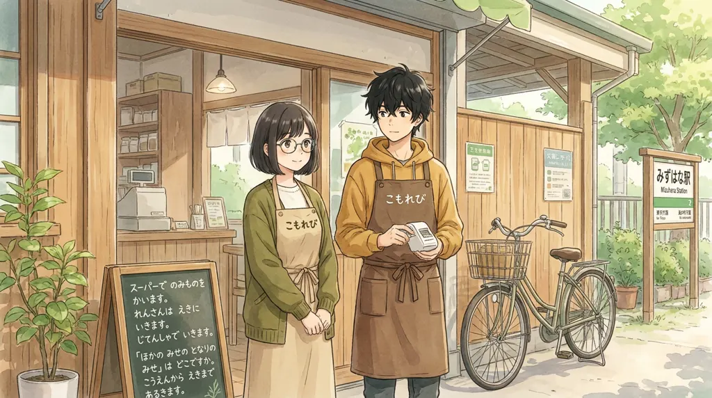 Illustration of the shopping street: Aki Mori and Ren Nakamura. Supplies have to be bought at three different places.