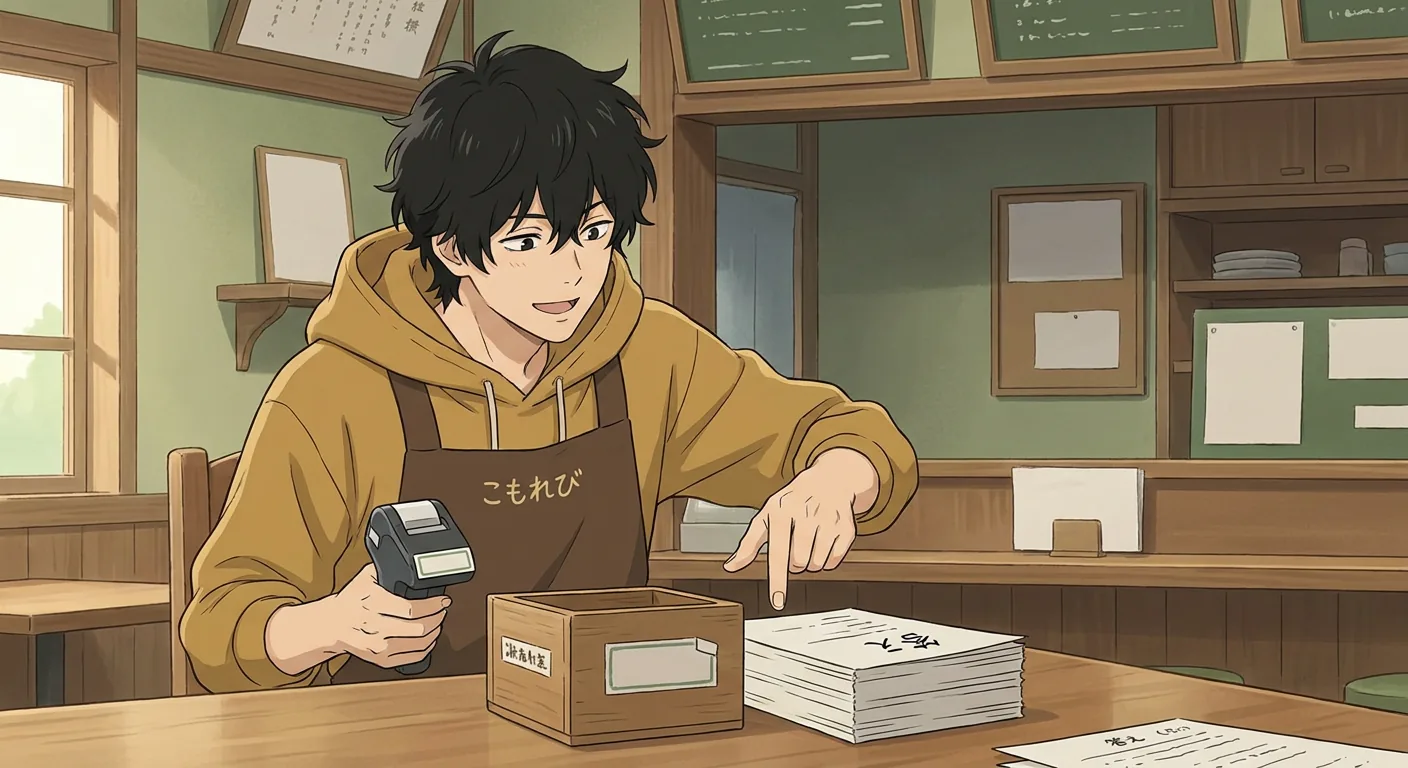 Ren is at a table in the café, a stack of books beside him, looking thoughtfully at a flashcard in his hand.