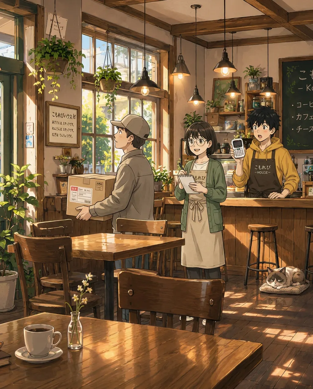 A delivery person at the entrance of Komorebi House points at the staff board on the wall. Behind the counter, Aki and Ren look on with surprised expressions.