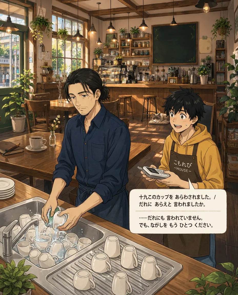 Haru stands by a sink piled high with dirty cups, looking exhausted, while Ren looks on sympathetically.