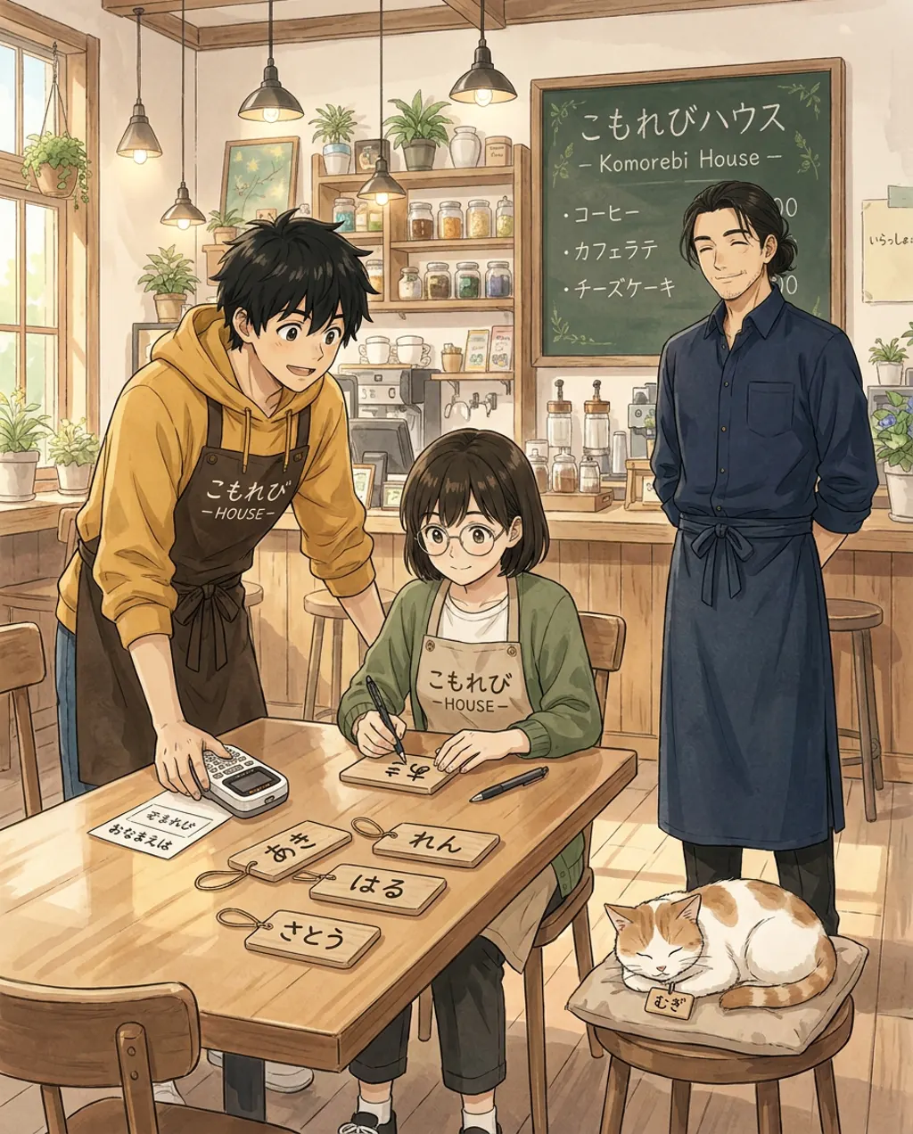 At a table in Komorebi House, Aki writes on small cards while Ren and Haru watch. Several finished name tags are spread out on the table in front of them.