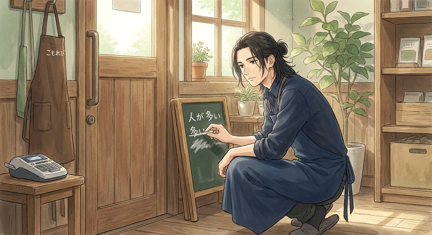 Haru sits at a table with a cup of tea, looking out the café window with a calm, thoughtful expression.