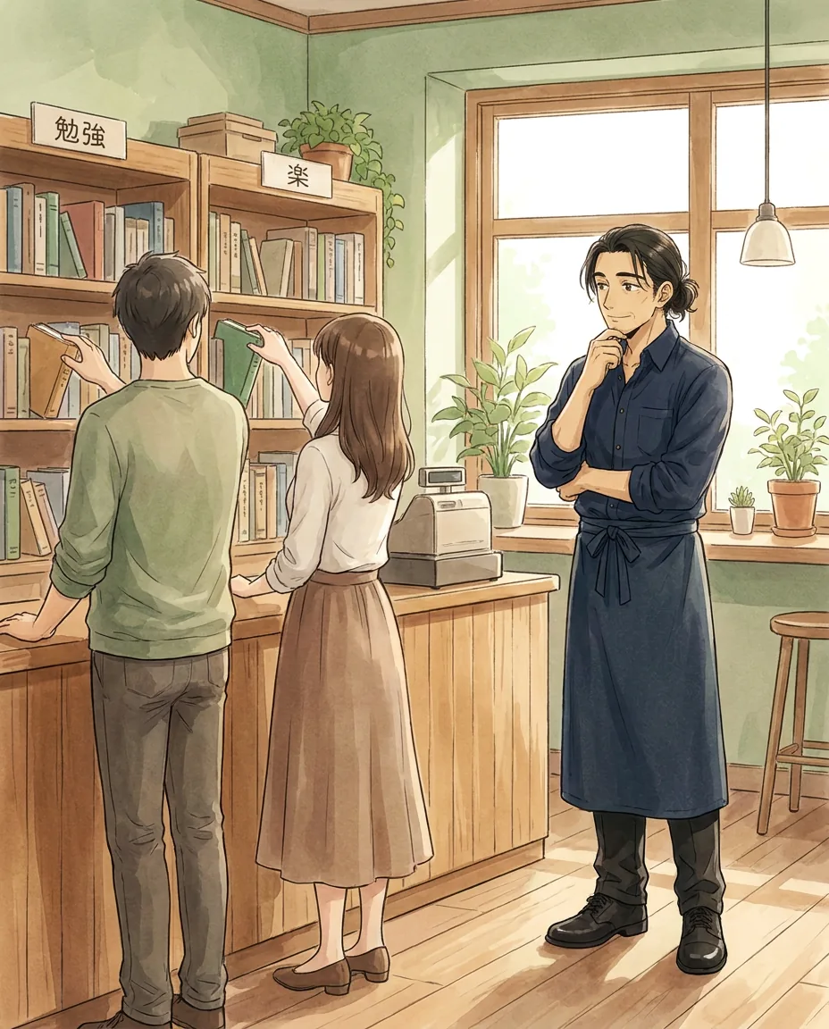 Haru sits at a table in the café, looking intently at a notebook with a look of deep concentration on his face.