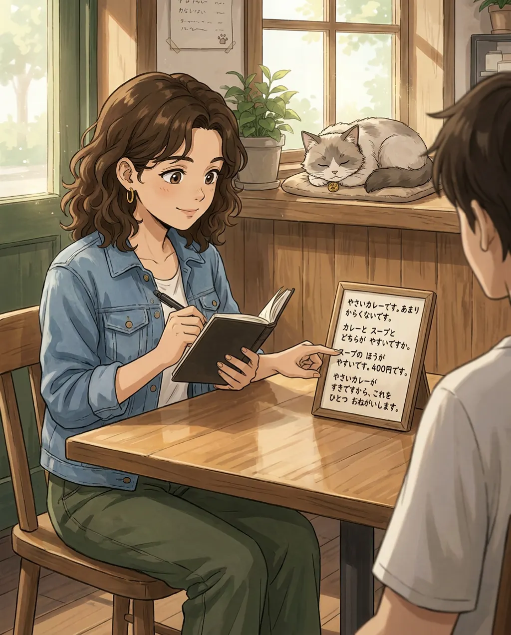 Illustration of Komorebi House café: Maya Torres, seen over your shoulder. Maya plays the first visitor to test whether the menu works.
